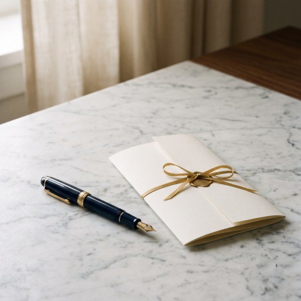 Fountain pen beside a cream envelope tied with gold ribbon on marble