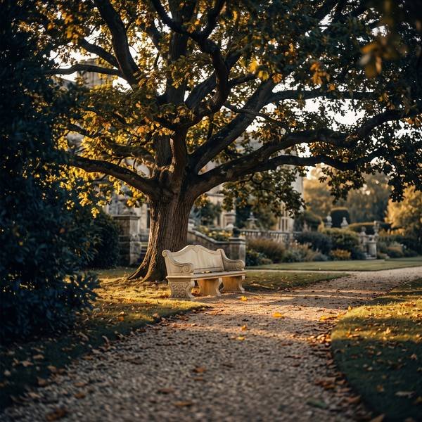 Old oak tree sheltering a stone garden bench in evening light